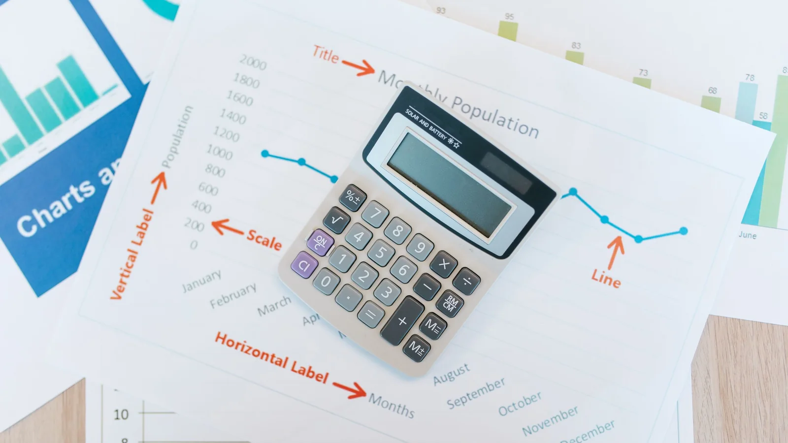 A calculator resting on printed financial charts and reports
