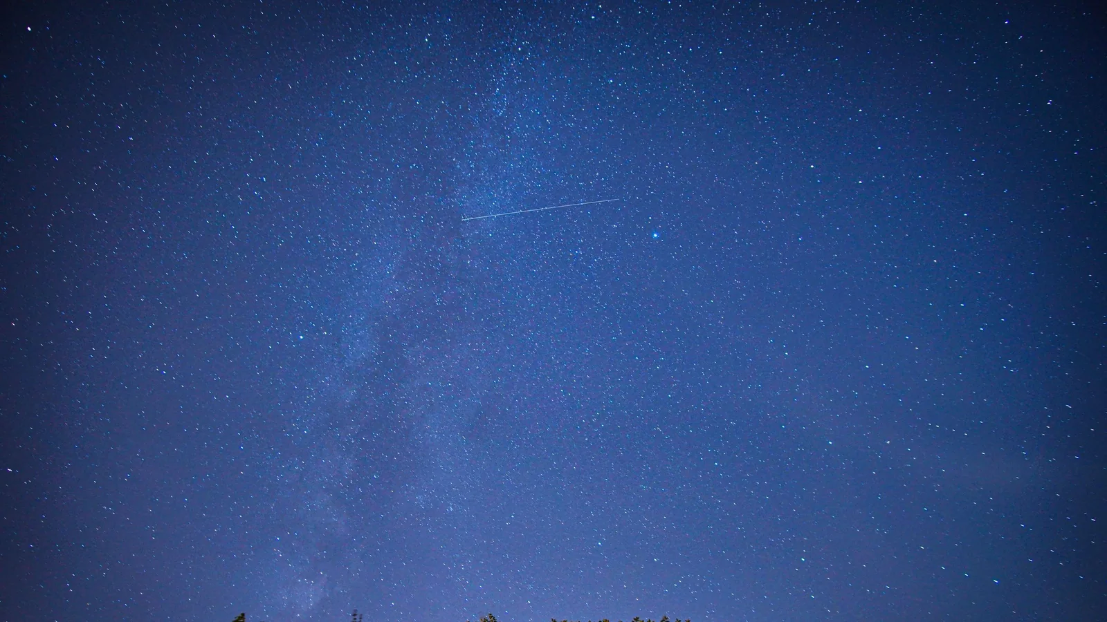 Night sky full of stars and the Milky Way above a dark treeline