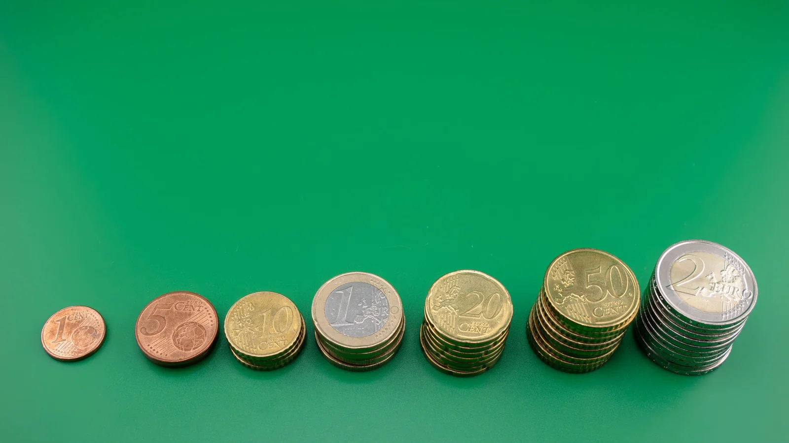 Coins stacked in rising piles from left to right on a green surface
