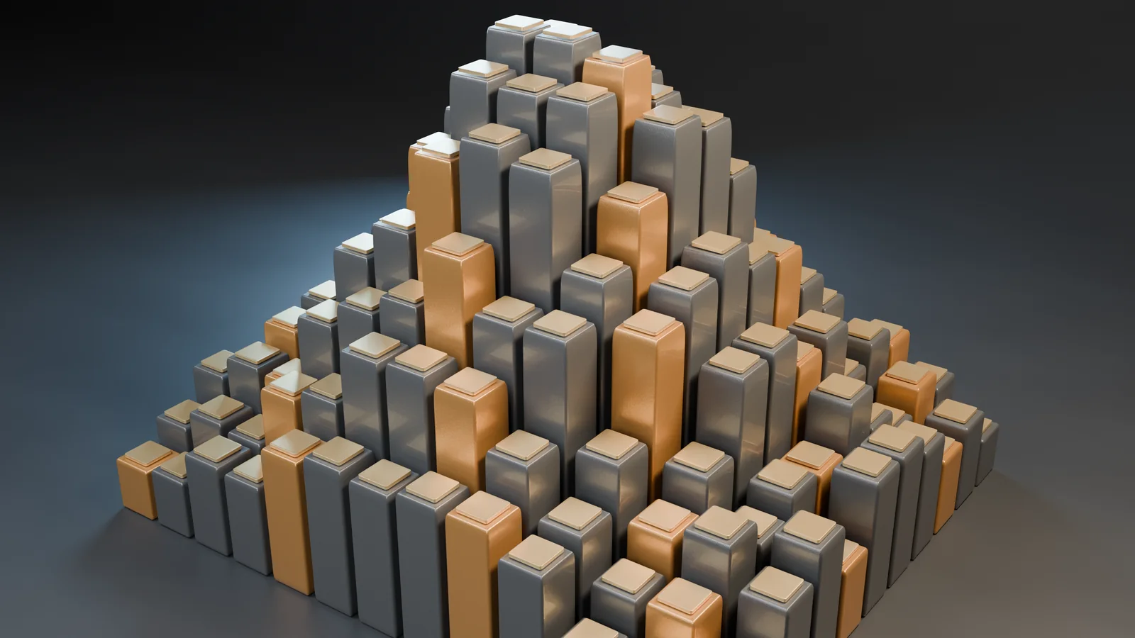 A 3D render of grey and orange blocks stacked in steps to form a pyramid