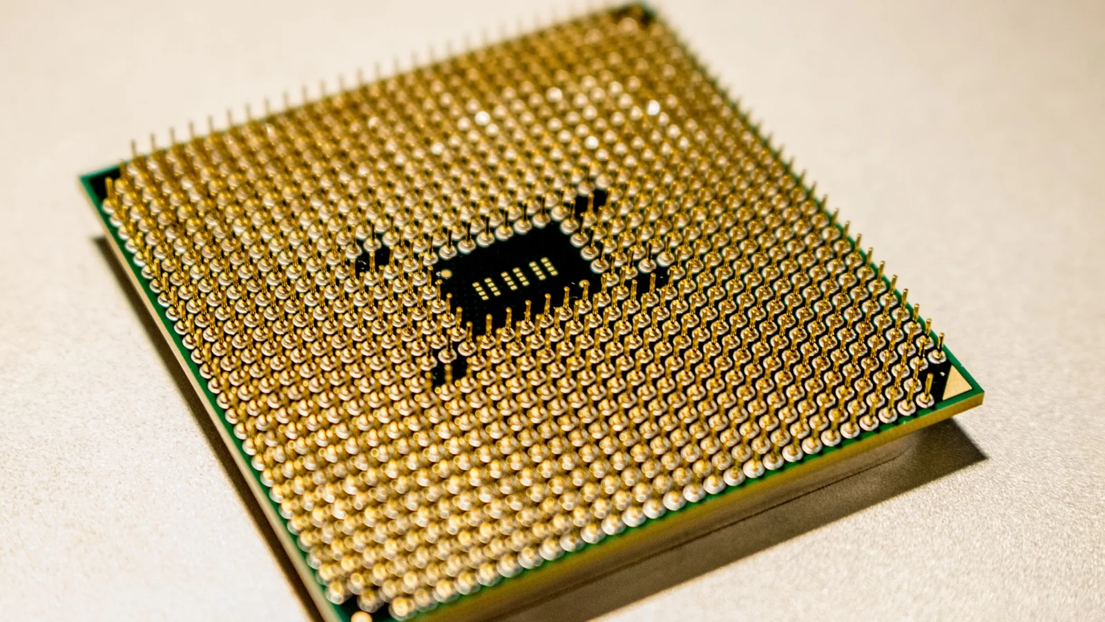Close-up of a gold-pinned processor chip