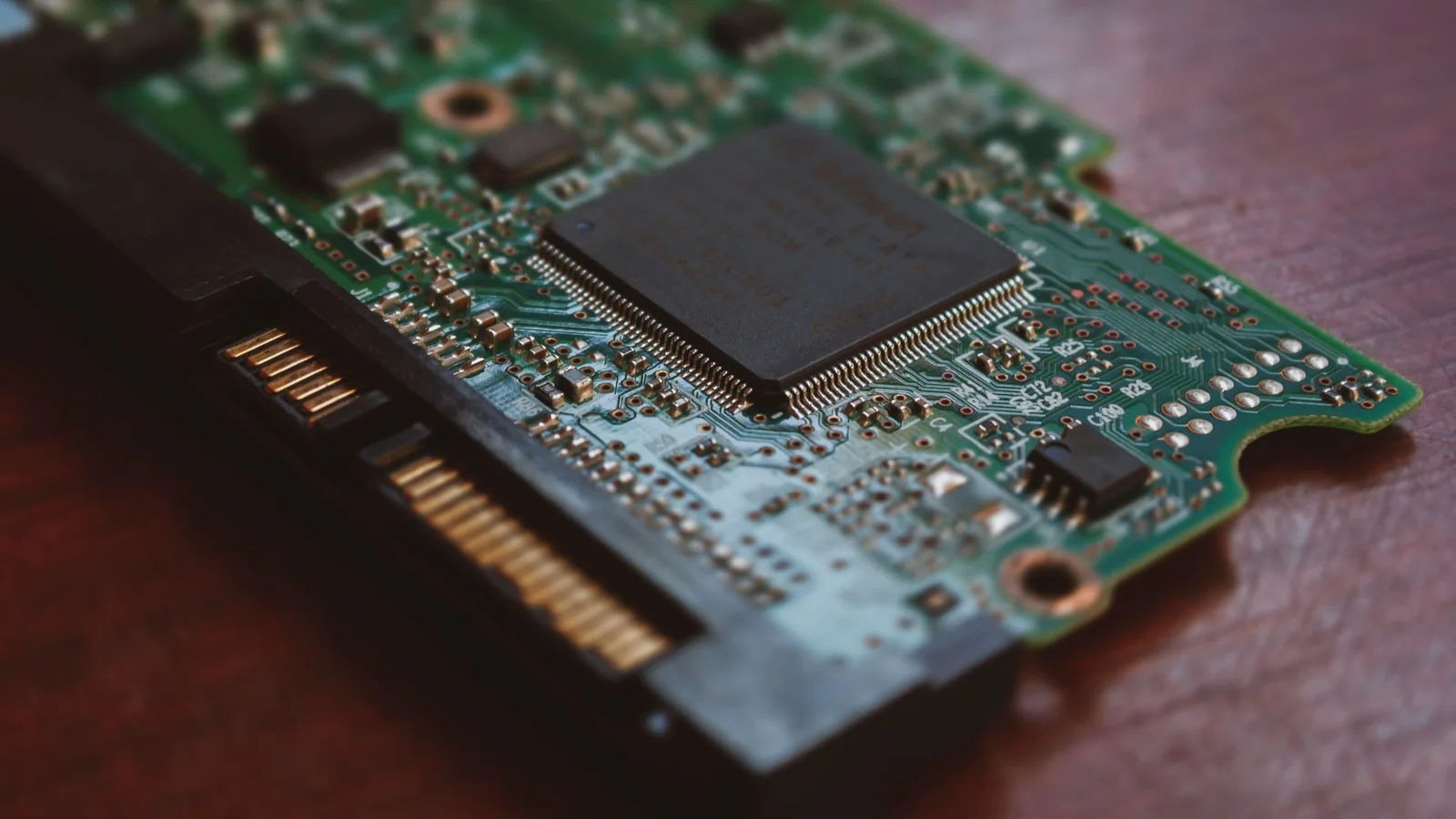 Close-up of a circuit board with a black chip and golden connector pins